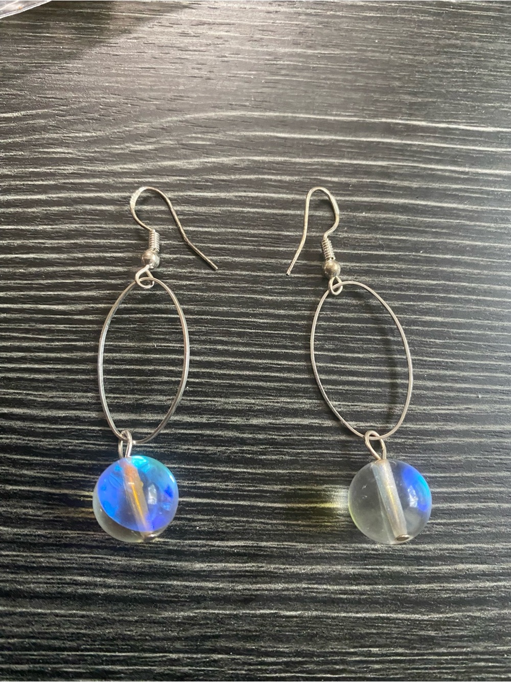 Glass Orb Dangle Earrings in Iridescent Blue signed 925